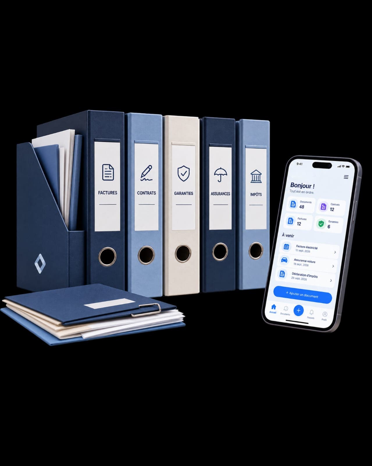 Classeurs Factures, Contrats, Garanties, Assurances et Impôts à côté de l'application Neukor sur smartphone